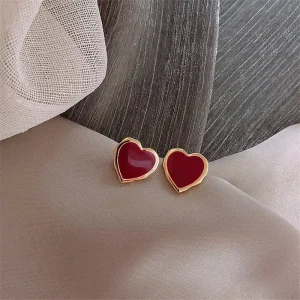 Trendy Sweet Burgundy Enamel Heart Gold Color Metal Love Earrings