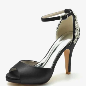 Peep Toe Pattern Rhinestones Chunky Satin Heel Bridal Shoes