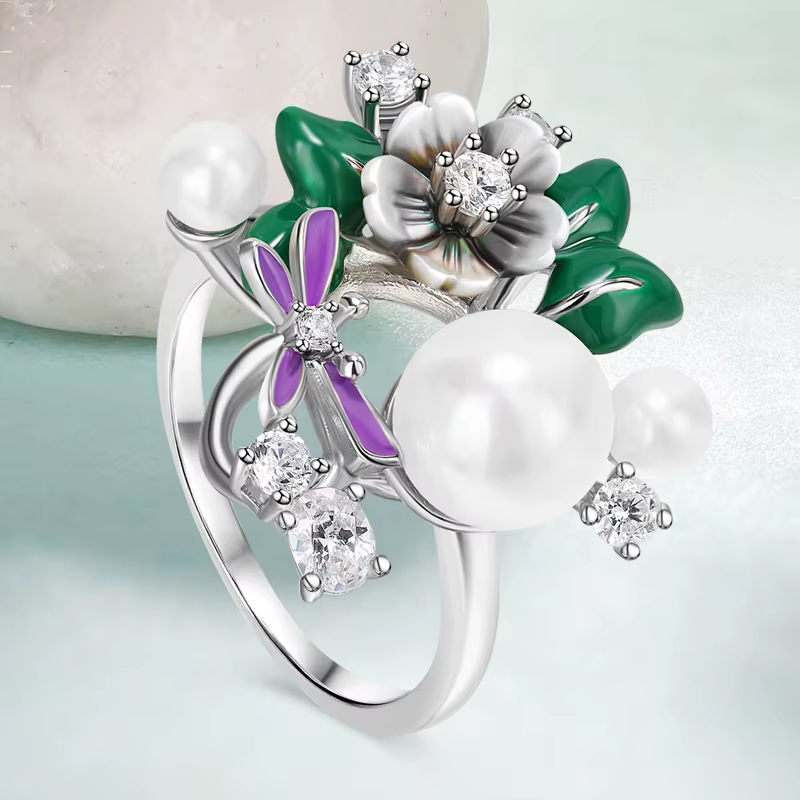 925 Sterling Silver High Quality Zircon Shell Pearl Natural Shell Flower Rings