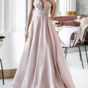 A Line V Neck Satin Fabric Sleeveless Floor Length Pleated Pageant Dresses