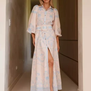 Beach Style Tropical Print Belted Long Long Sleeve Puff Sleeve Maxi Dress