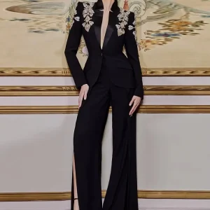 Beaded Diamonds Stand Collar Single Button Blazer Wide-leg Pants Set 2PCS HIGH STREET Designer Suit
