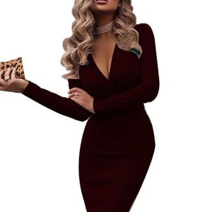 Bodycon Dresses Long Sleeves V-Neck Sexy Midi Dress Sheath Dress