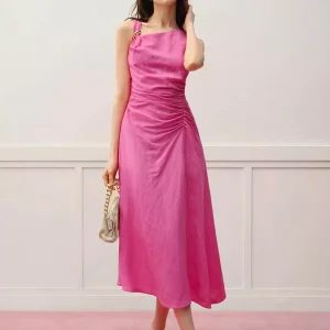 Bohemian Pleated Asymmetrical Sleeveless With Waist Midi Dress