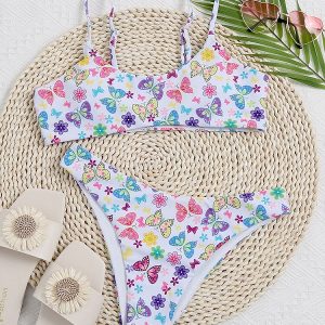 Butterfly Print Halter Spaghetti Straps Open Back Bikinis Swimsuit