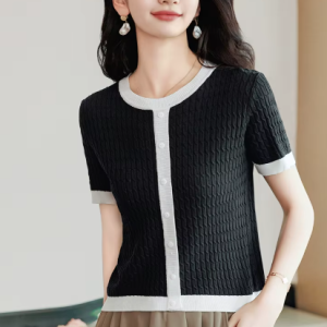 Casual Blocked A-straight Pullover Button Vintage Short Sleeve TOP