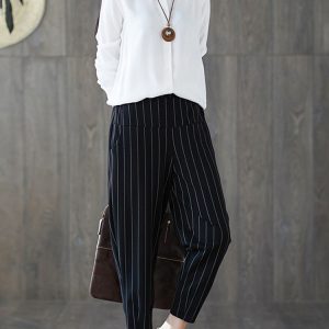Casual Cotton Stripe Elastic Waist Trouser Harem Pants