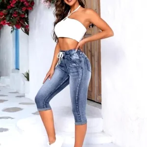 Casual Elastic Waist High Waist Ripped Calf-Length Pencil Jeans