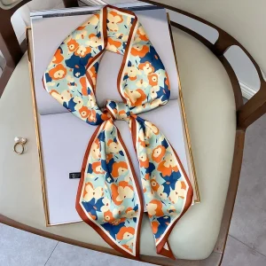 Casual Foulard Floral Print Kerchief Narrow Long Wrist Small Ribbon Hair Band Scarves Silk Scarf
