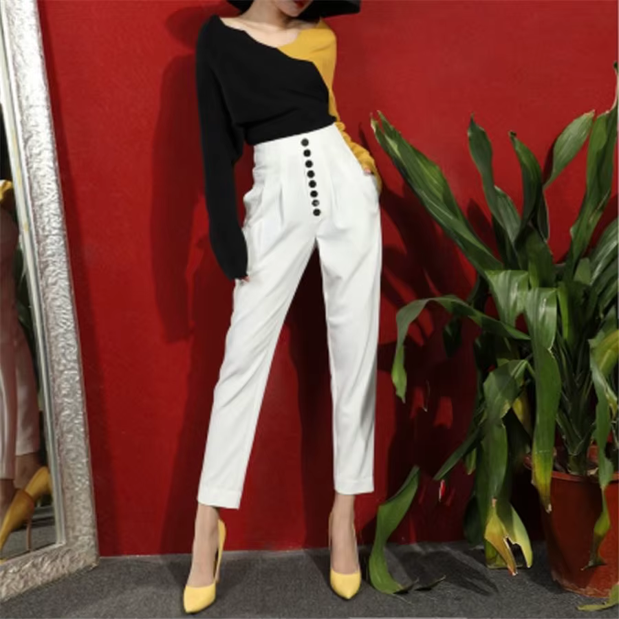Casual High Waist Button Pencil Straight Pants