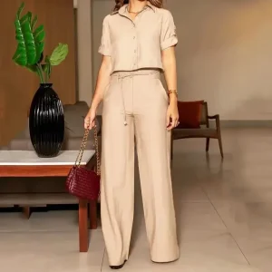 Casual Lapel Single Breasted Top With Belt Wide Legs Pants Two Piece Set