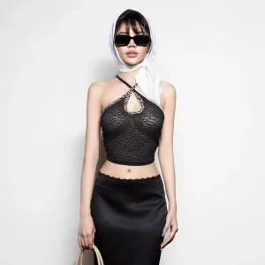 Casual Leopard Print High Stretch Halter Crossed Ties Tops