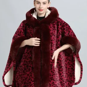 Casual Faux Fur Leopard Print Hooded Outerwear Poncho Cape