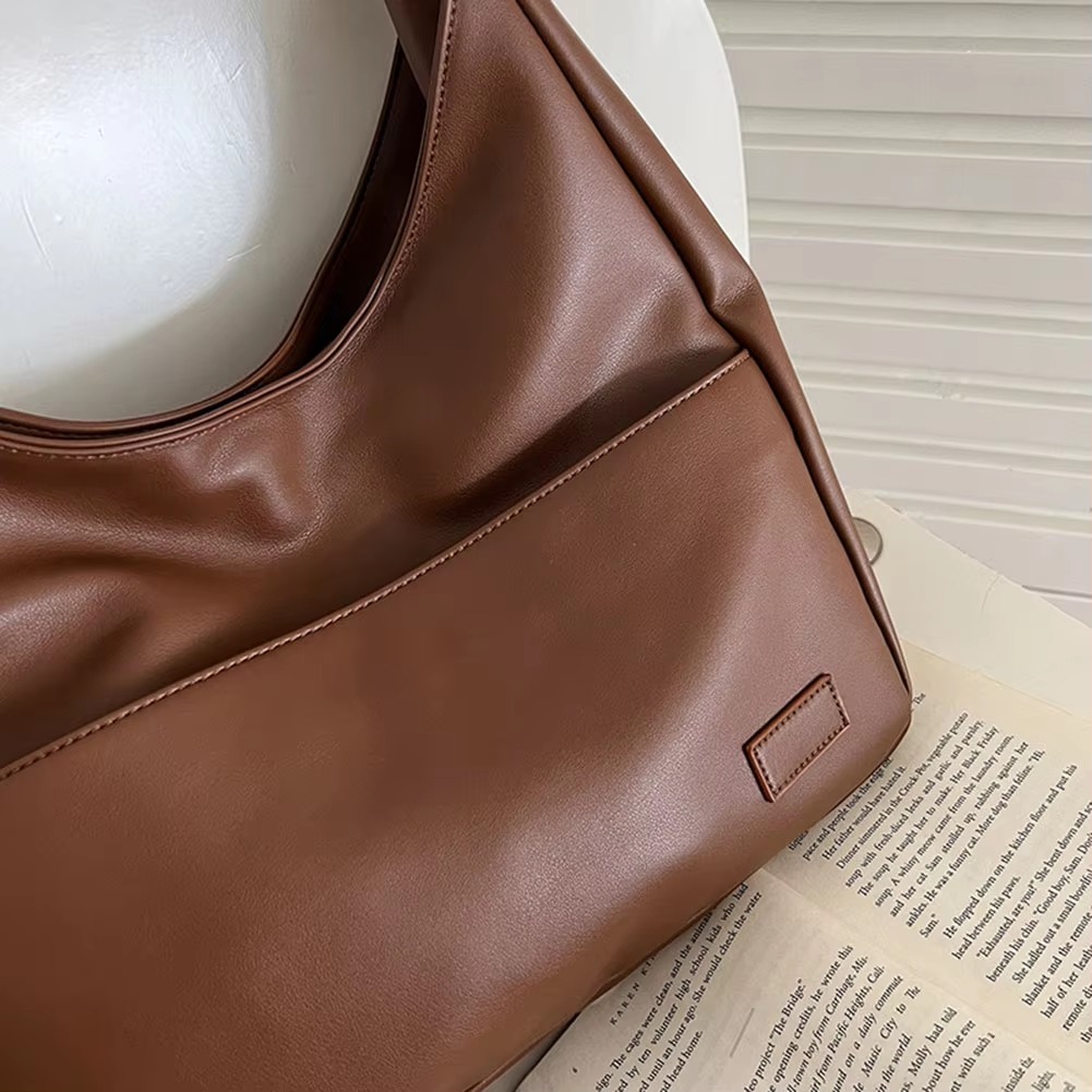 Casual PU Leather Large Capacity Retro Tote Soft Vintage Shoulder Bag - Image 6