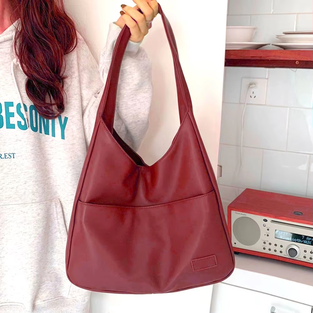 Casual PU Leather Large Capacity Retro Tote Soft Vintage Shoulder Bag - Image 2