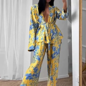 Casual Printed Satin Long Sleeve Lace-Up Shirts And Pant 2 Piece Set