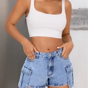 Casual Retro Washed Cargo Mid Waisted Slim Streetwear Jean Shorts