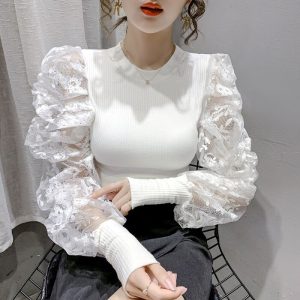 Casual Round Neck Slim Puff Sleeve Lace T-Shirt