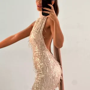 Casual Sequin Halter Solid Color Sparkly Sleeveless Mini Dress