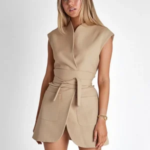 Casual Sleeveless Designed Neckline Belted Pockets Mini Blazer Dresses
