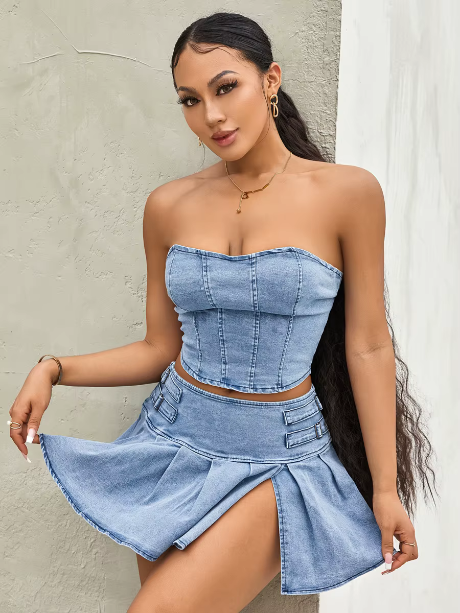 Casual Sleeveless Off Shoulder Zipper Bandeau Pleated Denim Skirt 2 Pieces Set
