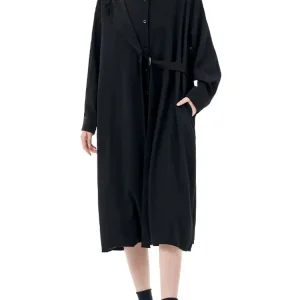 Casual Stand Collar Long Sleeve Big Size Irregular Belt Midi Shirt Dress