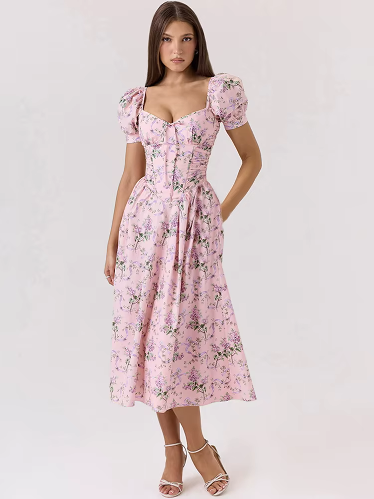 Classic Aesthetic Print  Puff Short Sleeve Square Neck A-line Draped Maxi Dress