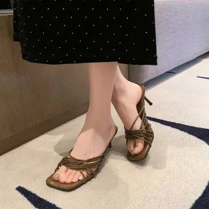 Concise Rubber Narrow Band Evening Square Heel Party Sandals