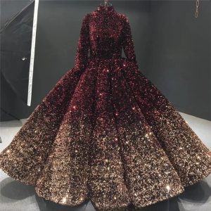 Contrast Color High Neck Wedding Dress Sequins Long Sleeves Luxury Bridal Gowns