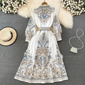 Court Style Dress for Women Floral Printed Turn Down Collar