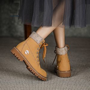 Cow Suede Lace Up Fashion Round Toe Boots