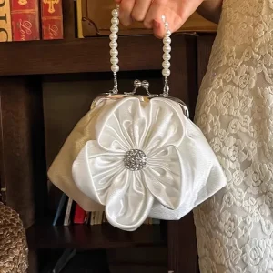 Crystal Diamond Satin Flower Pearl Chains Wedding Purse Small Tote