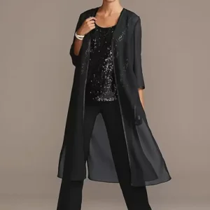 Customization Jewel Neck 3/4 Length Sleeves A-Line Sequins Long 3-Piece Set