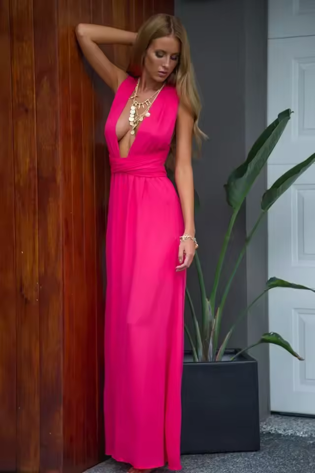 Deep V-neck Sleeveless Strapped Evening Party Club Maxi Dress