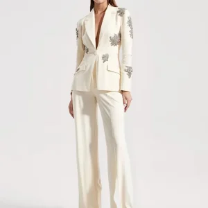 Diamonds Beaded Single Button Blazer Wide Leg Pants 2 Pieces Pantsuits