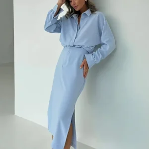 Elegant Cotton Long Sleeve Shirt With High Waist Slit Long Skirt 2 Piece Sets