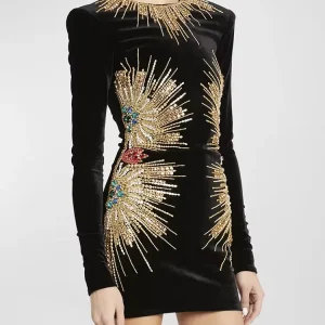 Elegant Diamonds Beaded Designer Long Sleeve Stunning Sequined Mini Dress
