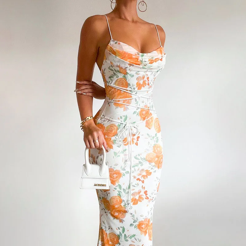 Elegant Floral Print Spaghetti Strap Sleeveless Backless Bandage Party Dress - Image 2