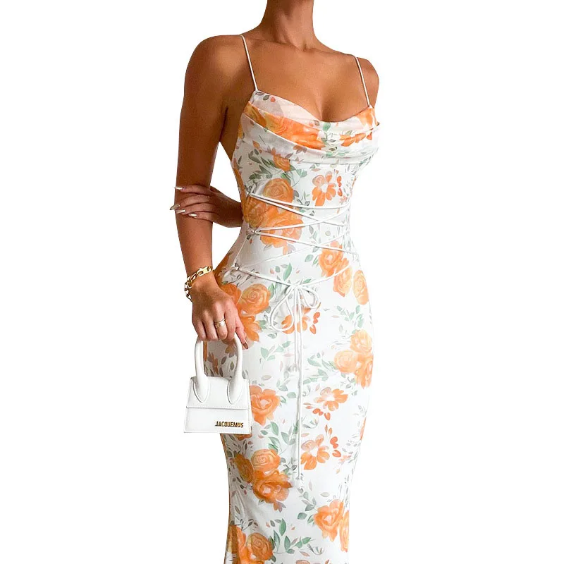 Elegant Floral Print Spaghetti Strap Sleeveless Backless Bandage Party Dress - Image 3