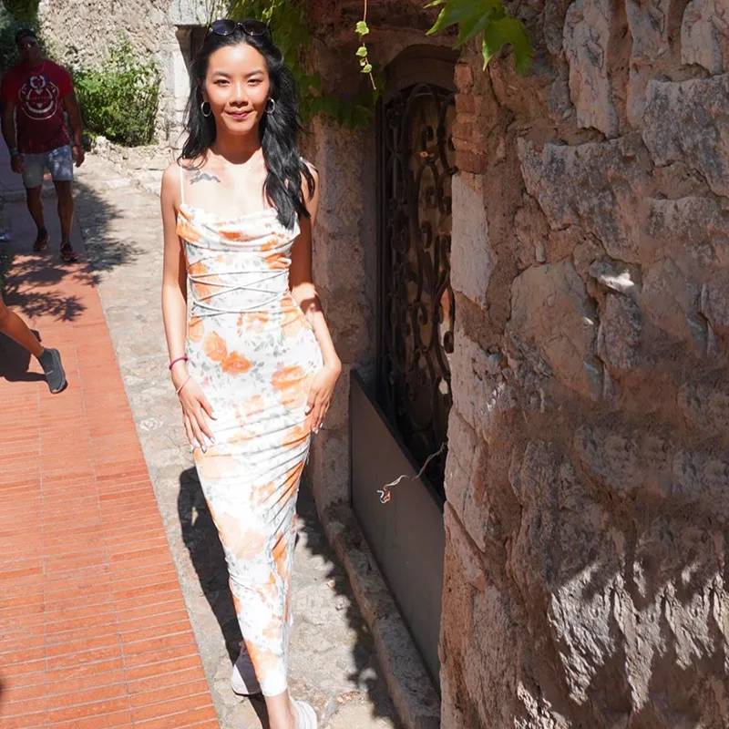 Elegant Floral Print Spaghetti Strap Sleeveless Backless Bandage Party Dress - Image 4