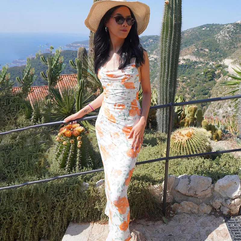 Elegant Floral Print Spaghetti Strap Sleeveless Backless Bandage Party Dress