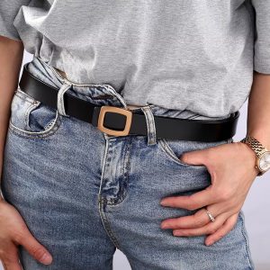 Elegant Genuine Leather Jeans Square Metal Buckle Waistband Belt