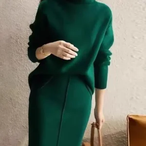 Elegant High Neck Knit Sets Loose Sweater Skirt Sets Dress