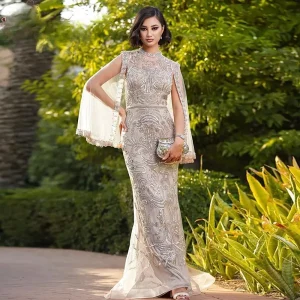 Elegant High Neck Mermaid Beads Sequin Evening Party Dress