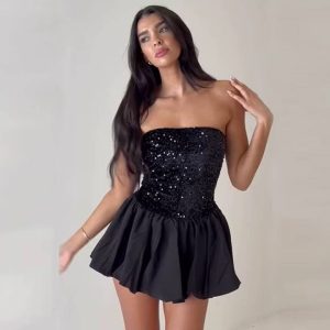 Elegant High Waist Pleated Backless Splice Folds Sequins Bodycon Mini Dress