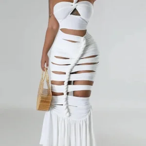 Elegant Hollow Out Diagonal Collar Sleeveless High Waist Off Shoulder Maxi Dress