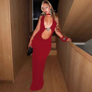 Elegant Hollow Out Halter Metal Decoration Sleeveless Slim Long Dress