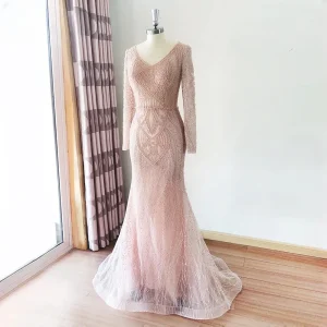 Elegant Mermaid Lace Bead Long Sleeves Evening Party Dress