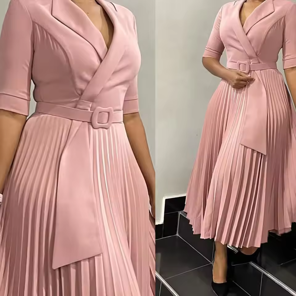 Elegant Notched Collar Half Sleeve Belt Waisted Mid Calf Professional Dresses