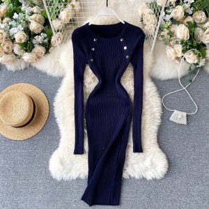 Elegant O Neck Long Sleeve Elastic Bodycon Slim Pencil Dresses